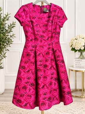 Taylor Dresses Hot Pink Rose-Print Fit & Flare Mini Dress